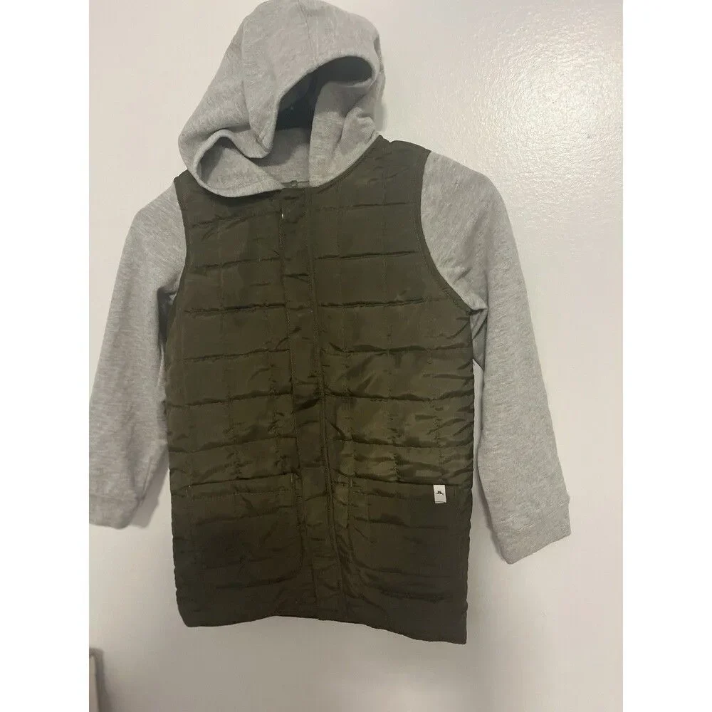 Tommy Bahama Boys Quilted Hoodie Jacket Puffer Cotton Gray Olive Green Sz M (7-8